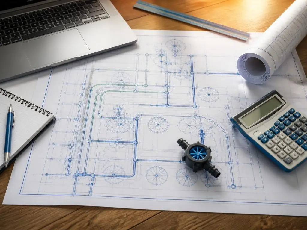Plano hidráulico de un sistema de riego sobre la mesa de diseño con laptop y escalímetro