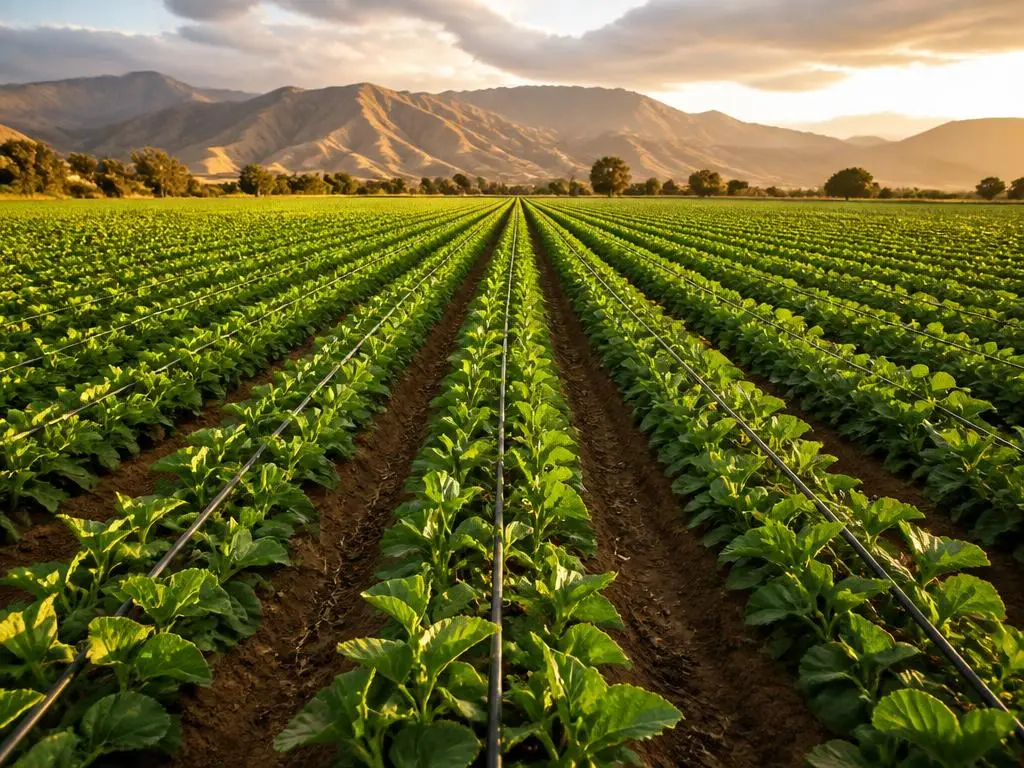 Cultivo maduro con líneas de goteo perfectamente alineadas en el campo ecuatoriano