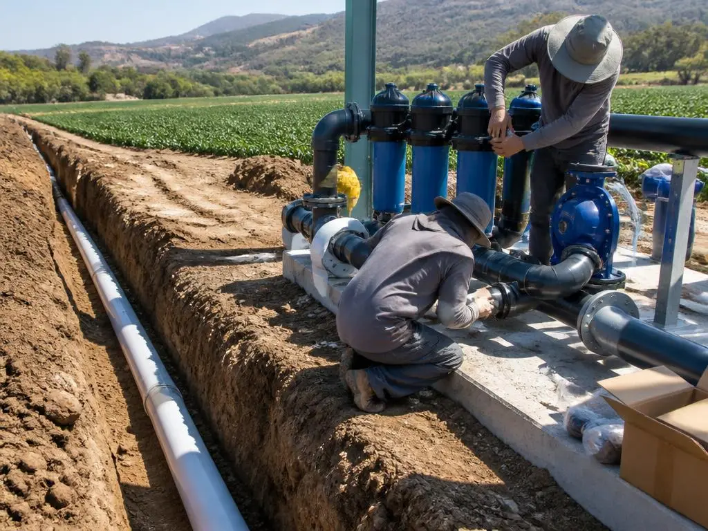 Tendido de tubería y montaje de cabezal de riego en obra en el campo