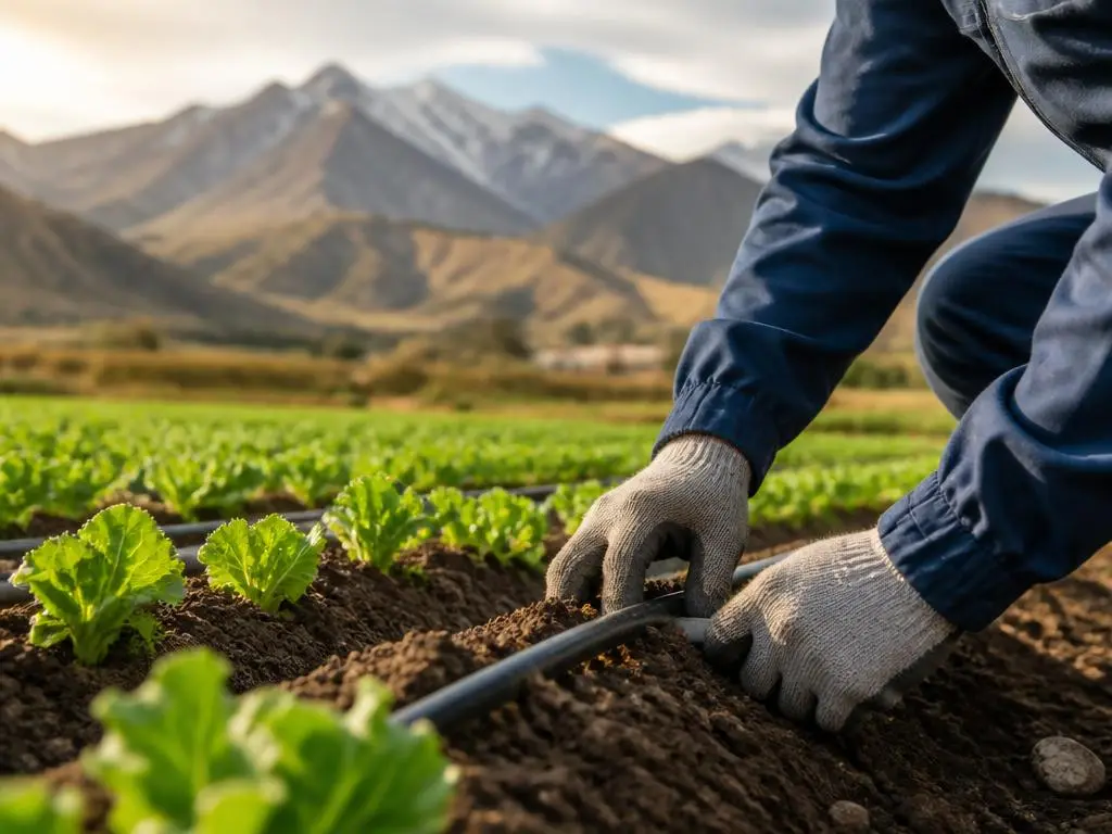 Técnico instalando línea de riego por goteo en un cultivo del campo ecuatoriano