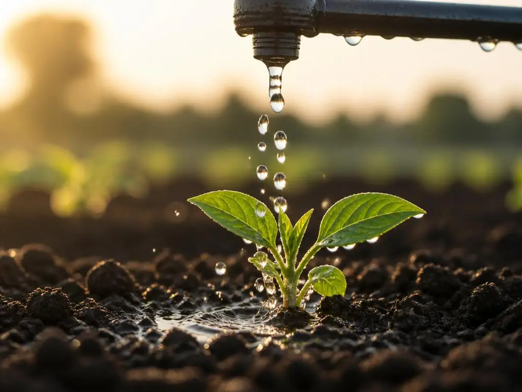 Gotas de agua sobre planta joven al amanecer en un sistema de riego por goteo